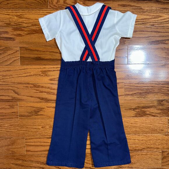 Vintage Baby Boys Red White Blue Sailboat Sailor Shirt & Overalls Set - Picture 3 of 12